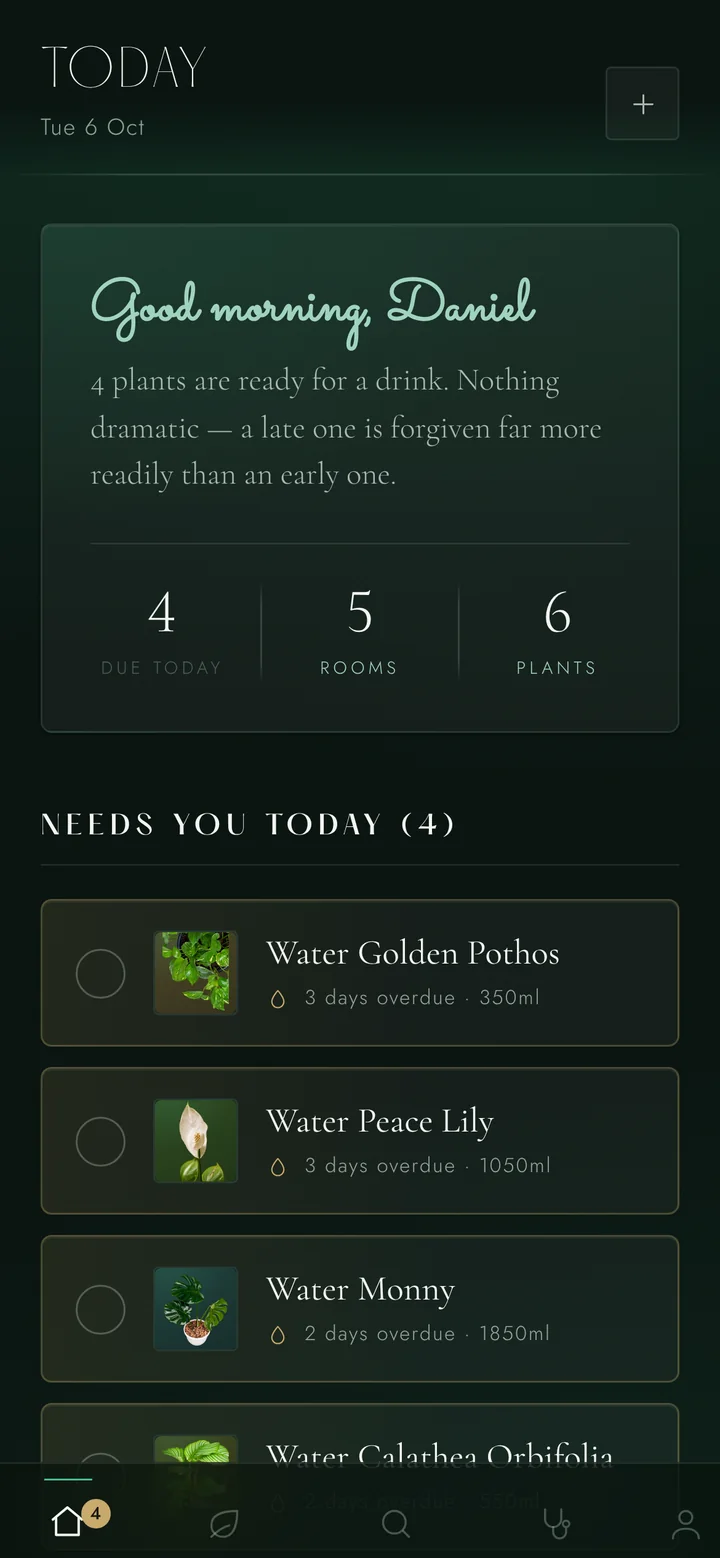Sprout's Today screen. A card reads "Good morning, Daniel — 4 plants are ready for a drink. Nothing dramatic." Below it: 4 due today, 5 rooms, 6 plants, then a list headed "Needs you today": water the Golden Pothos, the Peace Lily and Monny the Monstera.